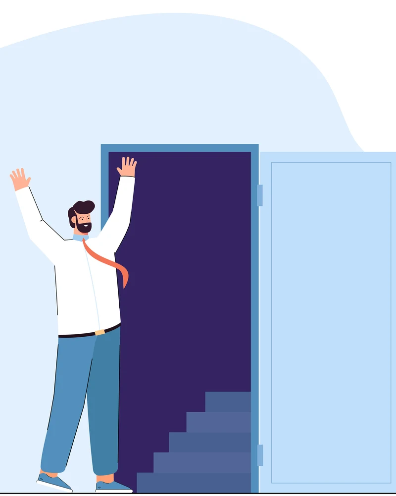 Illustration: ein Mann jubelt vor einer offenen Tür